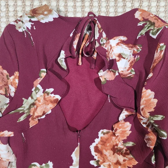 Elegant Floral Cottagecore Keyhole Back Girly Flowy Midi Dress in Burgundy Small - Picture 5 of 8